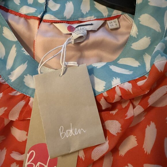 Boden Sylvie Womens Blouse Sz 6 Orange Light Blue Brushstroke Lined Blouse Top - Picture 6 of 9